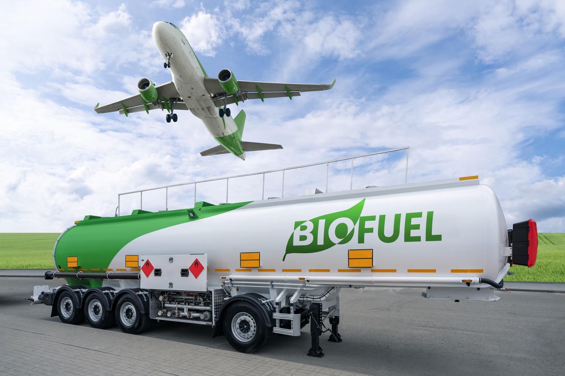 Airplane and biofuel tank trailer. SAF (Sustainable Aviation Fuel)Decarbonization concept
